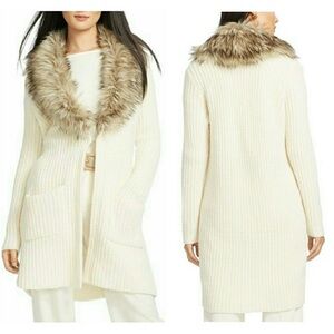 Ralph Lauren Faux Fur Collar Cream Wool Alpaca Knit Cardigan Sweater Size Med